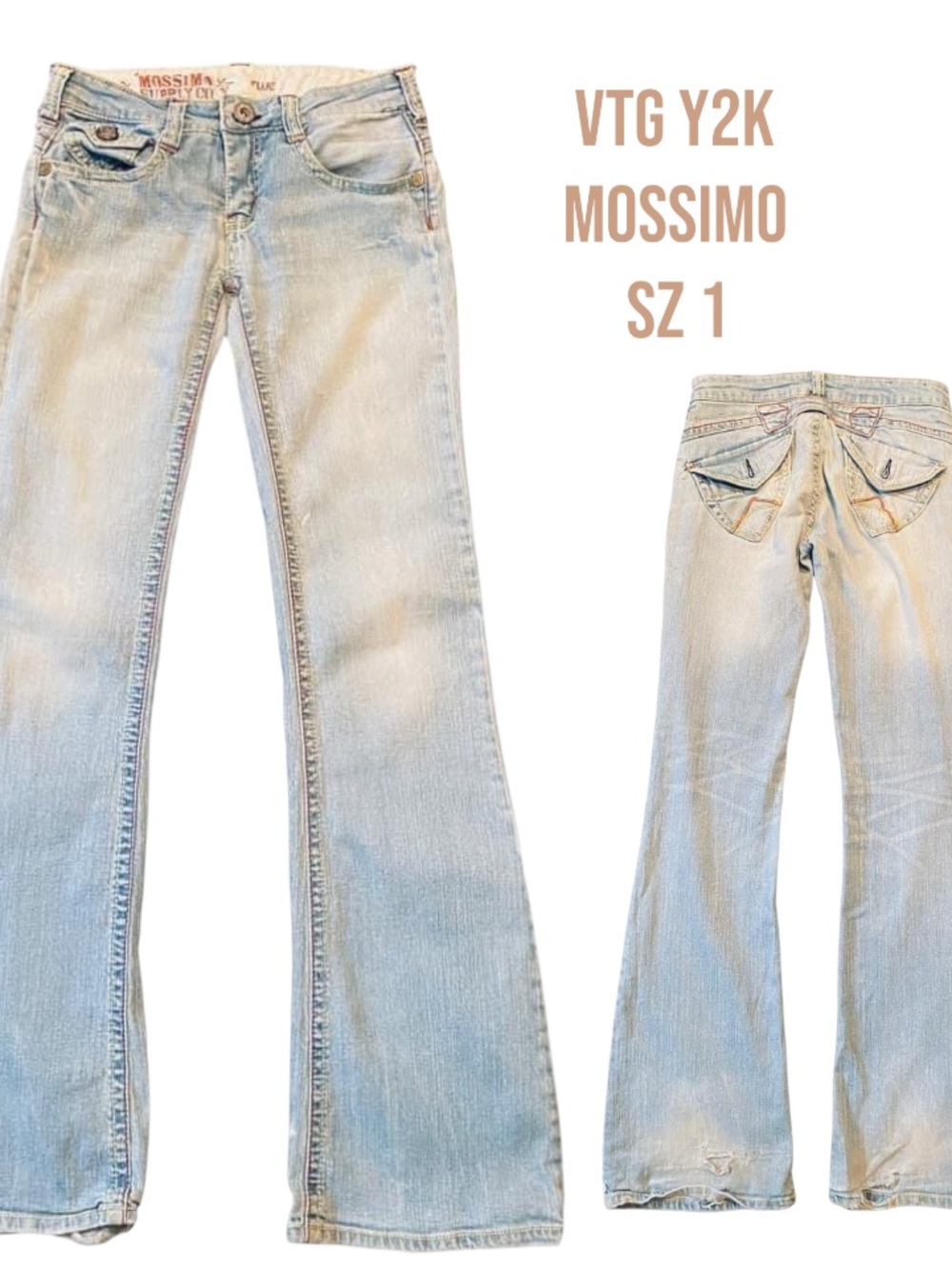 Vintage Y2K Mossimo Flare Jeans Size 1 Embroidered Rainbow Flap Back Pocket Low